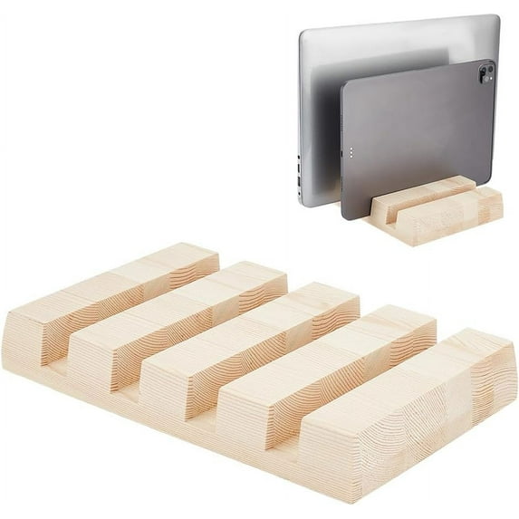 4-Slot Rectangle Wood Vertical Laptop Stand 2cm Groove Antique White Wood Vertical Laptop Stand Holds 4 Devices for Gaming Laptops Tablets 9.5x6x1.4 Inch White