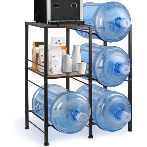 4-Slot Water Jug Storage Rack with Extended Shelf, 5 Gallon Bottle Holder Stand Table for Water Dispenser, Kitchen, Pantry (Black/ Wood Top)