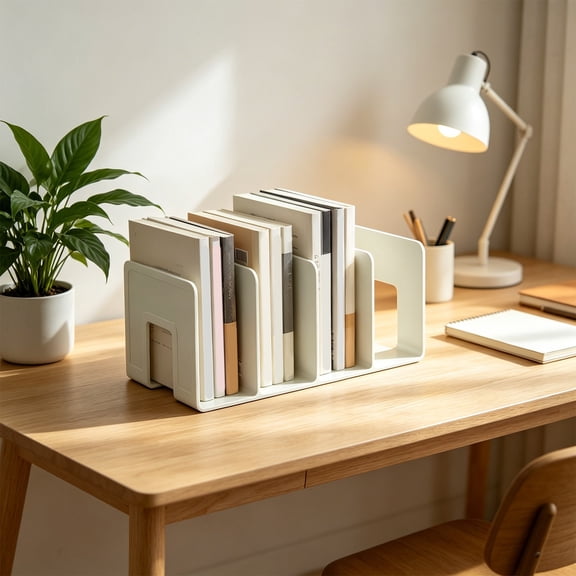 4 Slots File Organizer Rack, Thickened Plastic Desktop Bookends Paper Holder, Stable Base Divided Notebook Tray for Office Workstation Student Dorm Desk Library