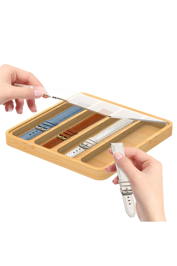 4 Slots Wooden Watch Band Organizer Watch Storage Case Tray Watch Band Organizer Case Dustproof Watch Band Storage Box with Clear Lid for Men Women Watch, 1.57" Wide