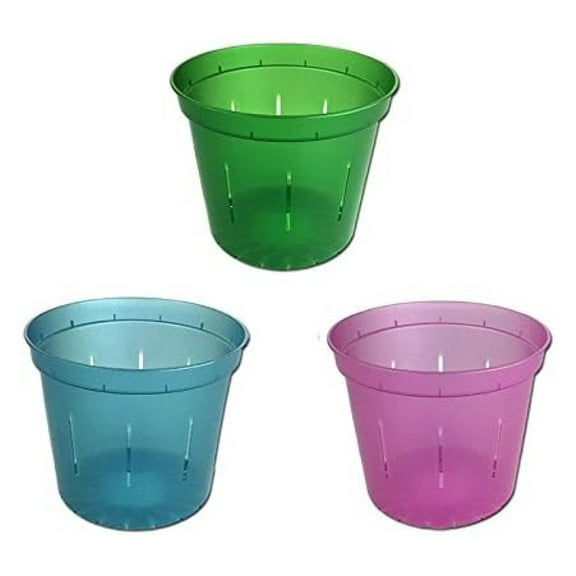 4" Slotted Orchid Pots 3-Pack - Clear Plant Pots with Drainage & Airflow - for Orchids, African Violets & Tropical Plants - Green, Blue, Rose