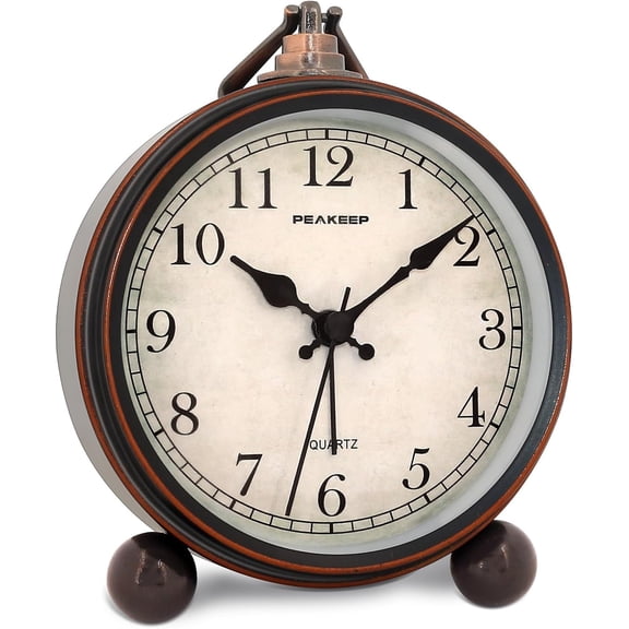 4" Small Battery Operated Antique Retro Analog Alarm Clock with Contour Lines in Gold for Room Decors, Silent Elegant Bedside Desk Gift Clock