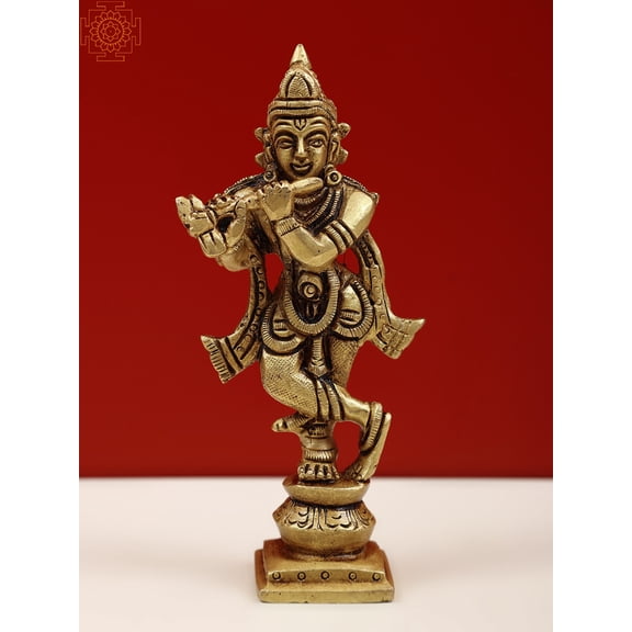 4" Small Brass Lord Krishna Idol Playing Flute