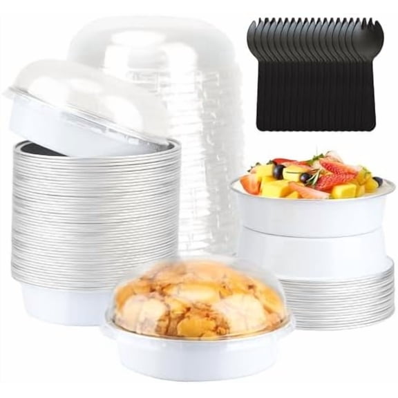 4” Small Cake Tins with Lids 50 Pack, Foil Mini Cake Pans,8oz Disposable Ramekins Creme Brulee Baking Cups Individual Mini Pie Contaniers Holders for Wedding Party-White