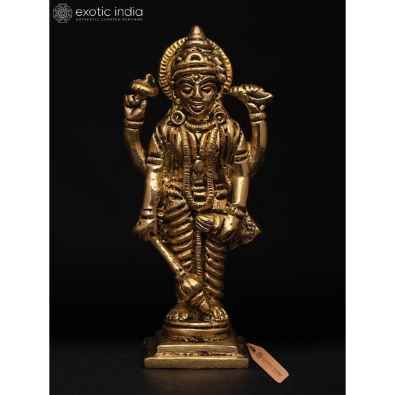 4" Small Divine Form of Lord Vishnu with Conch, Chakra, Mace and Lotus | Brass Statue