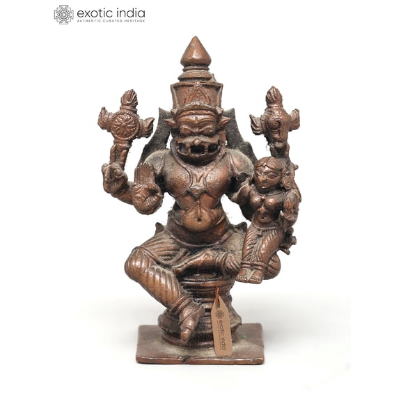 4" Small Lord Narasimha Seated with Devi Lakshmi | Copper Statue