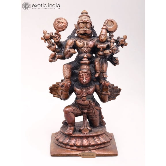 4'' Small Lord Narasimha with Devi Lakshmi Seated on Garuda | Copper Statue