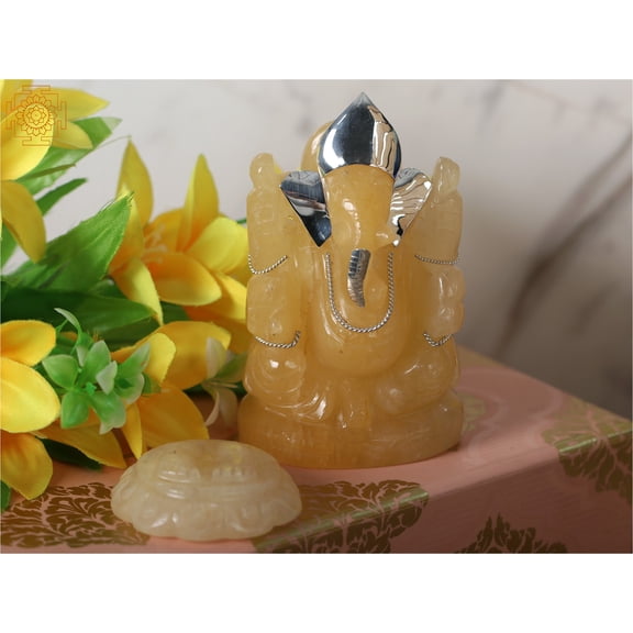 4" Small Natural Yellow Quartz Lord Ganpati With Charan Paduka