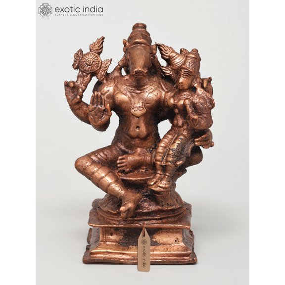 4" Small Sitting Lord Varaha with Goddess Lakshmi | Copper Statue