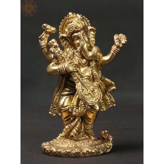 4'' Small Standing Musical Ganesha Statue | Brass Idols
