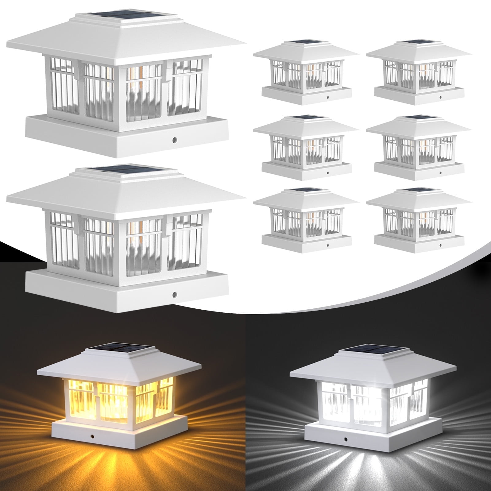 4x4 Solar Post Cap Lights, 8 Pack Fence Deck Post Lights Outdoor Solar Powered Waterproof with Two Light Modes Warm&Cool White for Garden Patio Decor (White,8)