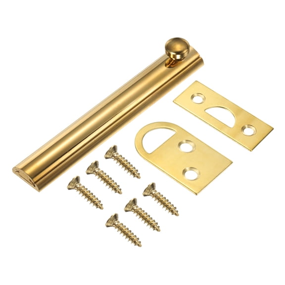 4" Solid Brass Surface Bolt, Concealed Security Slide Latch Door Lock with Screws, Polished French Door Lock for Closet Cabinet Recessed Doors, Brass Tone