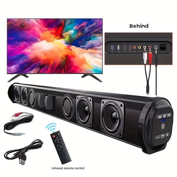 4-Speaker Surround Sound Bar with Wireless Bluetooth, 20W Home Theater System for TV/PC, Supports AUX/RCA/FM/USB/TF/TWS, Remote Control