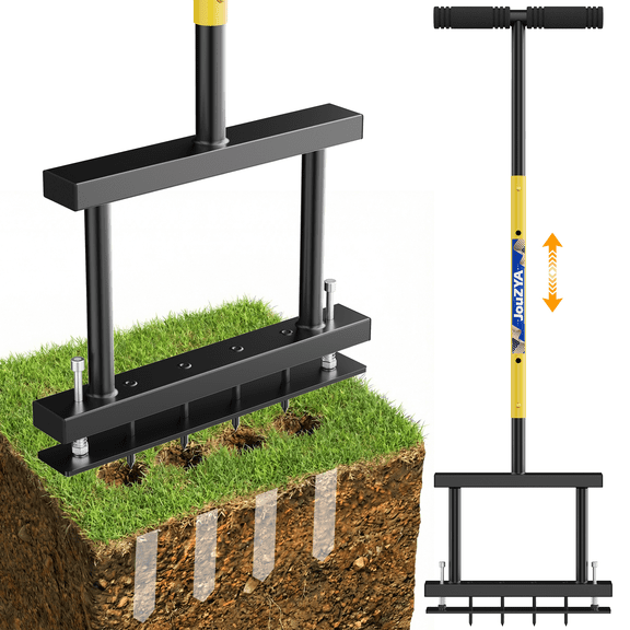 JouZYA 4-Spike Manual Lawn Aerator with Adjustable Height,Spring,38" Yard Garden Tool