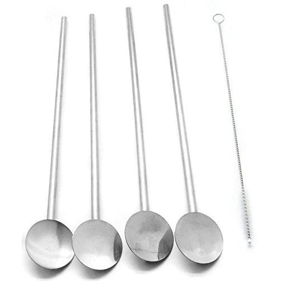 4 Spoon Straws Stirrer Stainless Steel 4 Pack + Cleaning Brush Drinking Straws