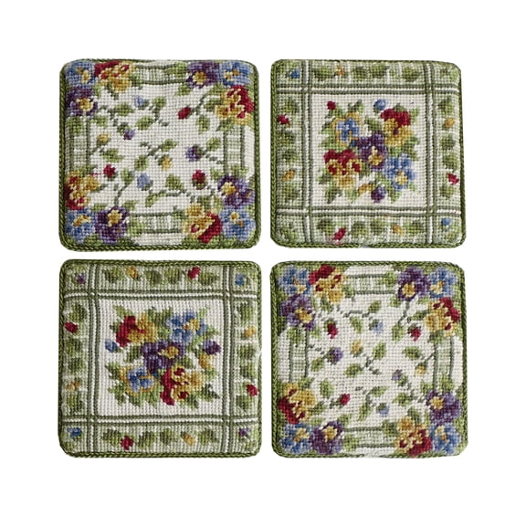 Spring Pansies Flowers Vintage Petit Point Set of 4 Coasters 4"