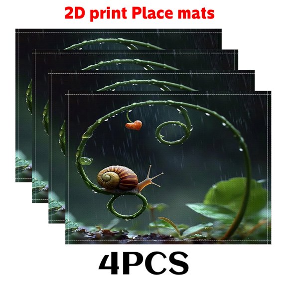 Of 4 Spring Placemats Featuring a 2D Print of Snails And Vines in The Rain. Measuring 12X18 Inches, These Soft Felt Mats Are Perfect for Sophisticated Dining Decor in Classic Homes