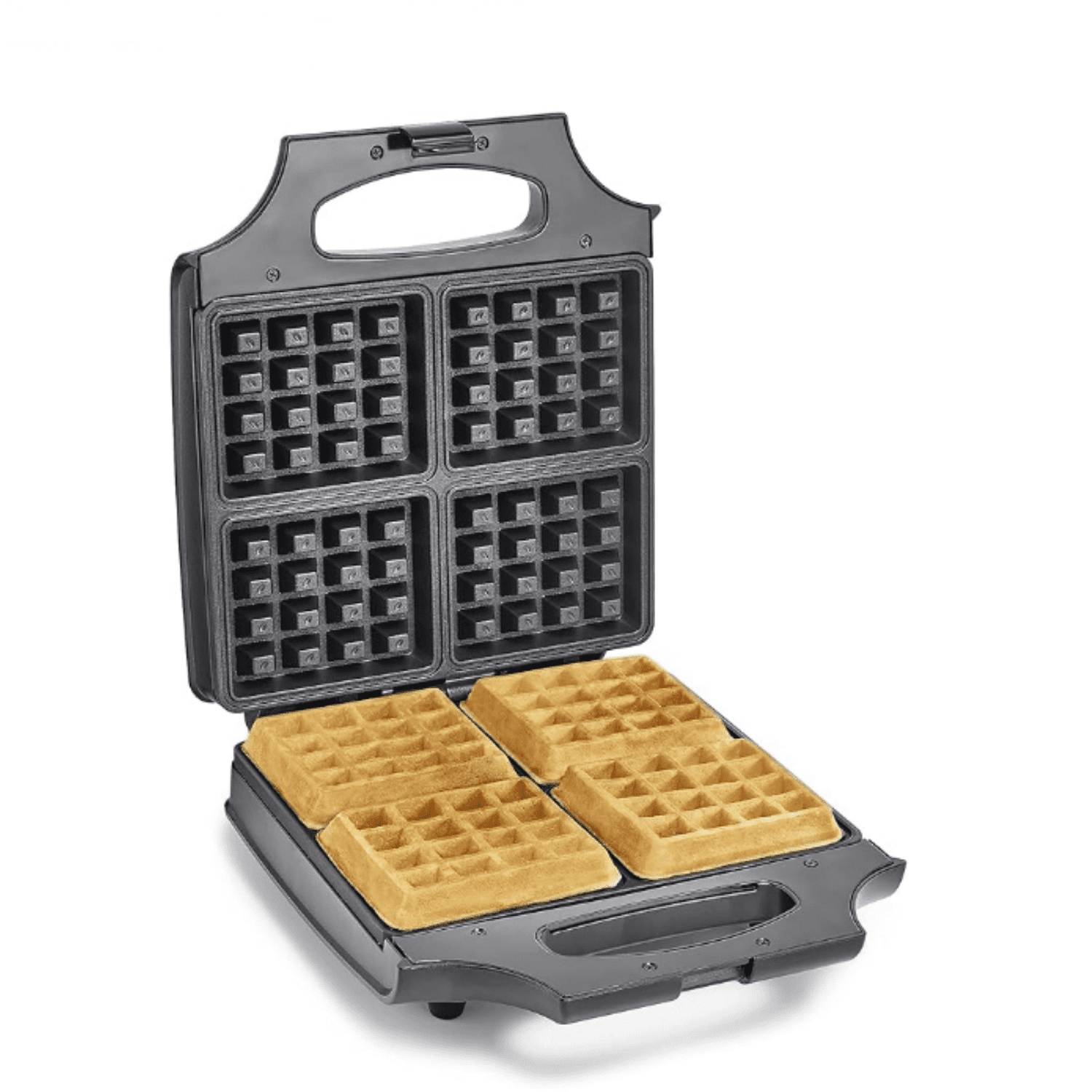 4 Square Belgian Waffle Maker, Non-stick Extra Large Plates for Easy Cleanup - Compact Design, Stainless Steel, Black, 1400W