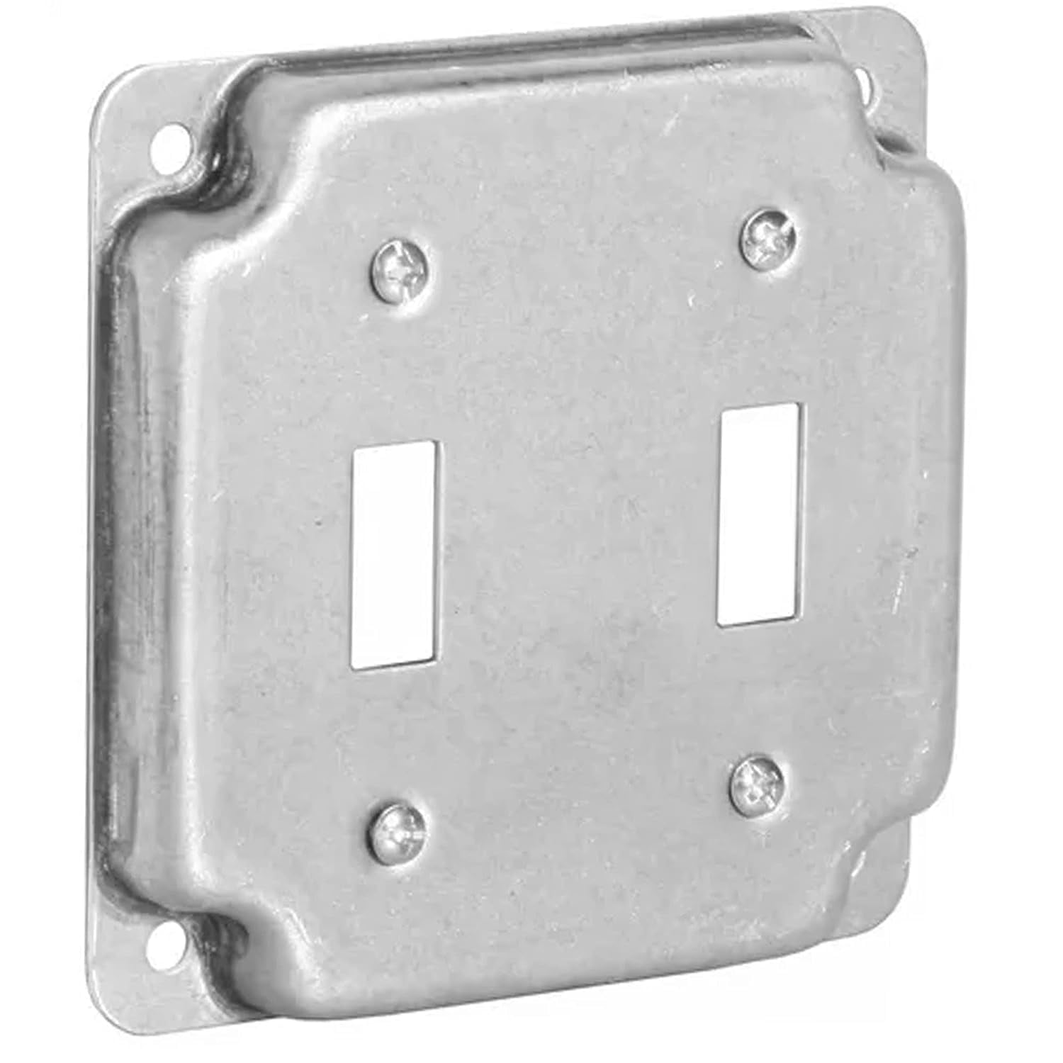 4" Square Double Toggle Switch Electrical Box Cover, 1/2" Raised, Exposed Work, Galvanized Steel