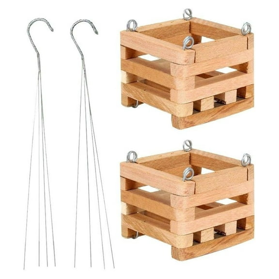 4" Square Hanging Basket 2-Pack - Natural Cedar Wood Planters for Orchids, Ferns & Bromeliads - Outdoor Garden Hanging Flower Pots with Galvanized Wire
