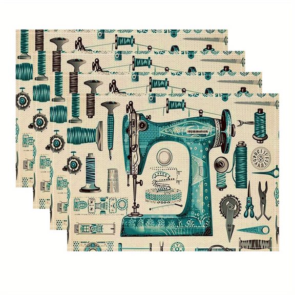 4 Square Placemats Featuring a Premium Teal Print of Sewing Machines And Tools - a Classic Vintage Design That Adds Durability to Your Table Decor, Perfect for Kitchens, Dining Areas
