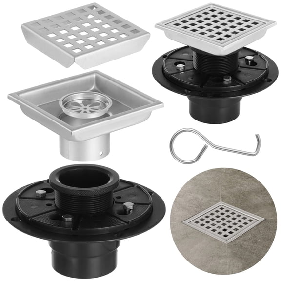 4" Square Shower Floor Drain with Flange, Stainless Steel Shower Drain with Removable Grid Strainer & Hair Catcher, Heavy-Duty Floor Drain for Bathroom, Laundry Room, Balcony, Garage