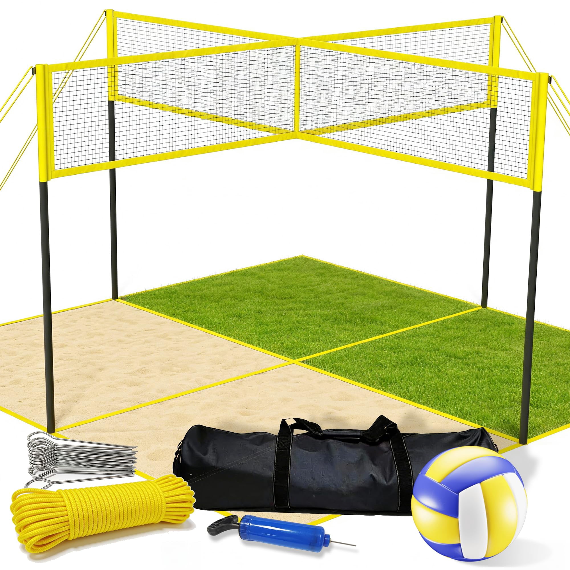 4 Square Volleyball Game Set - 4 Way Cross Net For Backyard & Beach  Portable Outdoor Badminton Combo 4 Person Four With Carrying Bag