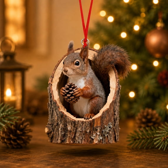 Under 4$! Squirrel Christmas Ornament, Acrylic Rustic Tree Trunk Woodland Animal Hanging Decoration for Christmas Tree, Forest Animal Holiday Home Decor Gift for Animal Lovers