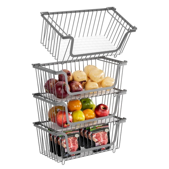 4 Stackable Wire Baskets For Pantry Organizers And Storage Vegetable Fruit Basket Countertop Kitchen Metal Produce Potato Onion Bin Gray