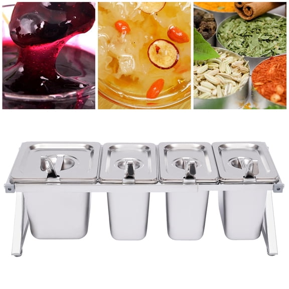 4 Stainless Steel Seasoning Containers with Lids Ladles, Condiment Serving Tray for Prepping Ingredients and Toppings, Expandable Spice Rack