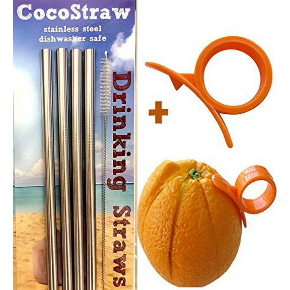 4 Stainless Steel Wide Smoothie Straws + Cleaning Brush + Citrus Peeler - CocoStraw Large Straight Frozen Drink Straw