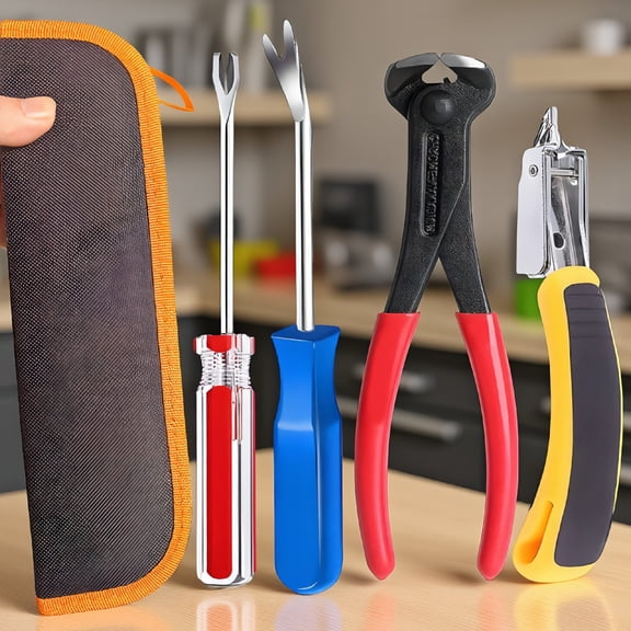 4 Staple Remover Tool Set, Upholstery Puller Kit with End Cutting Pliers, Tack Lifter, V-Tip and U-Tip Removers, Zipper Bag Included