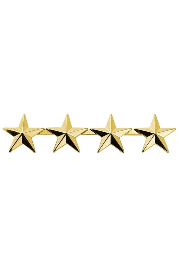 4-Star Rank Insignia, Five-Pointed Star Pins, 1/2" High, 2 Posts & Clutch Backs, Gold Finish, Pair