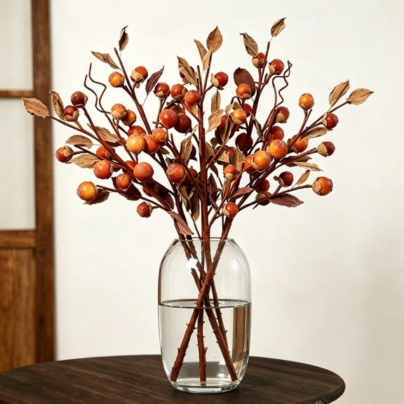 4-Stem Vintage Luo Han Guo Dried Flower Branch, Faux Foliage for Hotel Decor Floral Arrangement Filler