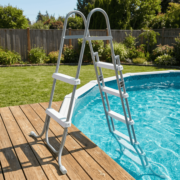 4-Step 52in Pool Ladder Above Ground Double-Sided Foldable Safety Ladder with 300lbs Capacity, Iron Grey Frame & White Steps, Fits Above-Ground Pools Up to 52", Safety Buckle, Easy Access