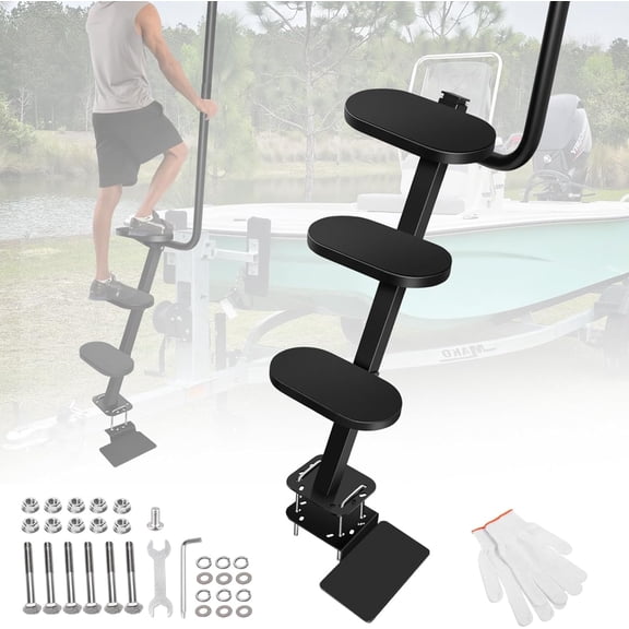4-Step Boat Trailer Step, With Anti-Slip Surface, Safety Handle - Universal Tongue Mount, 500lbs Capacity, Adjustable Base For Most Trailers & Boats