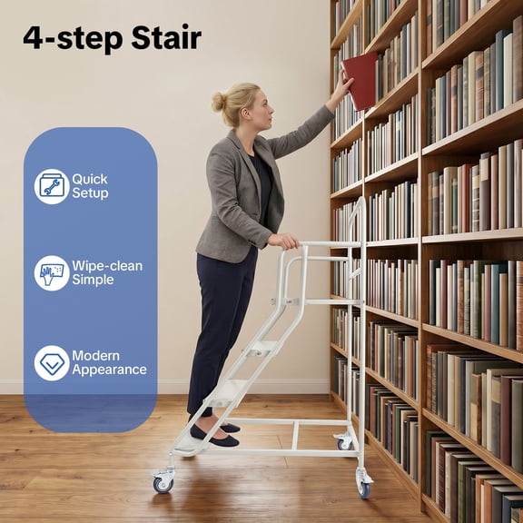 4 Step Cold Rolled Steel Rolling Industrial Ladder with 3-Sided Guardrail, Non-Slip Warehouse Rolling Stairs, 881 Lbs Load Mobile Step Cart White for Supermarket, Library & Storage Shelves