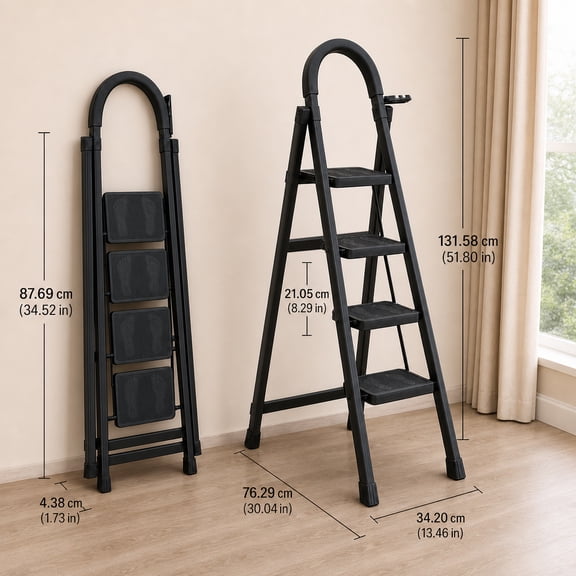 4-Step Durable Folding Step Ladder, Heavy Load Capacity, Lightweight Portable Step Stool, Heavy-Duty Anti-Slip Pedals, Sturdy Construction, Suitable For Home & Industrial Use, Ideal For House, G
