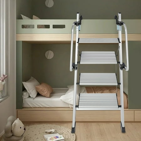 4-Step Floor Standing Ladder Bed Ladder Aluminium Alloy Stair Step w/ Adjustable Handrail 150kg/330.69lbs