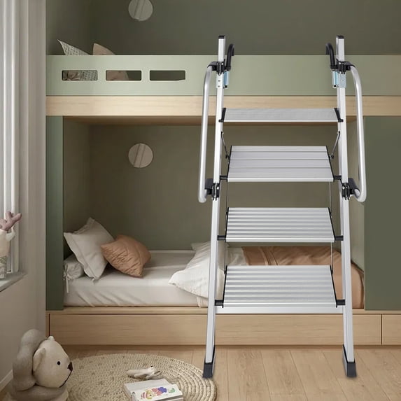 Heavy-Duty 4-Step Ladder, 330lbs Load Capacity Aluminum Alloy, Foldable Pedals for Easy Storage, Ideal for Bunk Beds and RVs