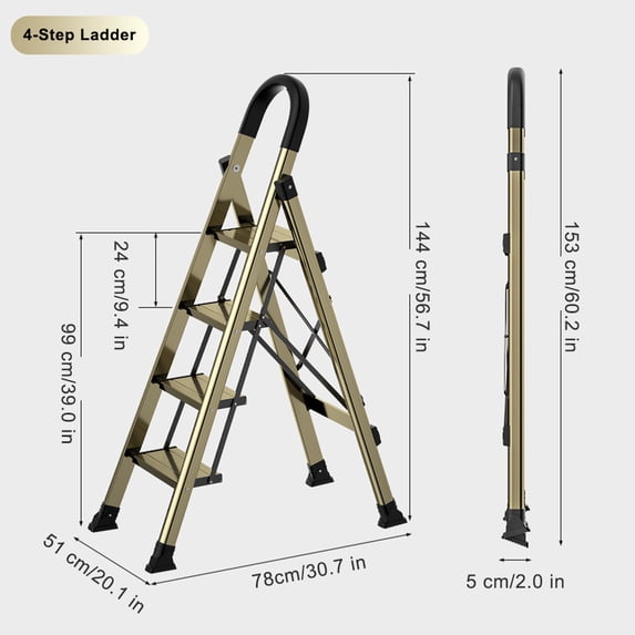 4-Step Folding Ladder Gold, Portable Anti-Slip Aluminum Step Stool, 330 lbs Capacity, Sturdy Wide Pedals, Perfect for Home, Kitchen & Office Use
