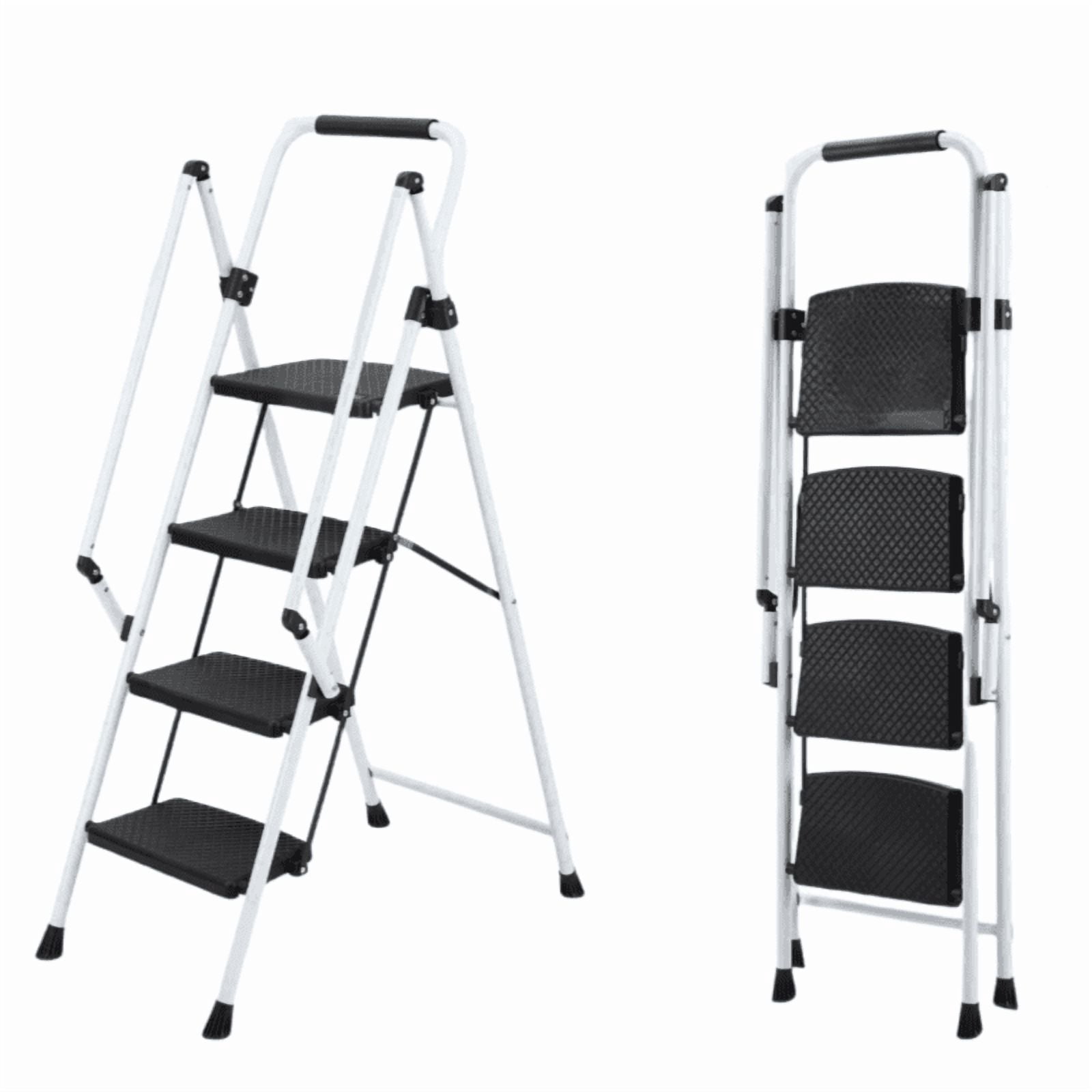4-Step Folding Ladder, Lightweight Steel Step Stool with Wide Non-Slip Pedals & Sponge Safety Handle, Foldable Multi-Purpose Step Ladder for Home Kitchen Office Indoor Use