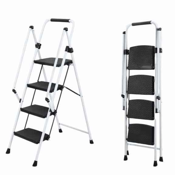 4-Step Folding Ladder, Lightweight Steel Step Stool with Wide Non-Slip Pedals & Sponge Safety Handle, Foldable Multi-Purpose Step Ladder for Home Kitchen Office Indoor Use
