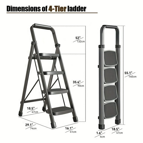 "4-Step Folding Ladder - Non-Slip Steps & Safety Rail - Collapsible Steel - Lightweight for Home, Garage & Workshop
