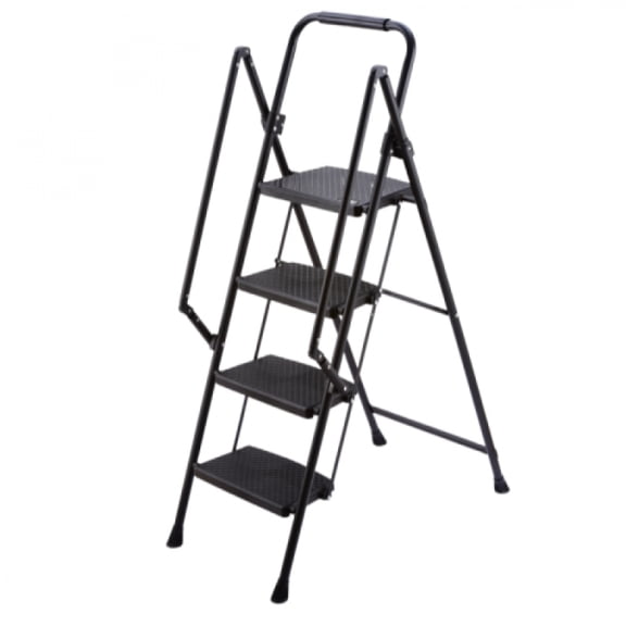 4 Step Folding Ladder Stool Black Lightweight 330 Pound Capacity Steel Ladder with Anti Slip Wide Pedals and Safety Handle