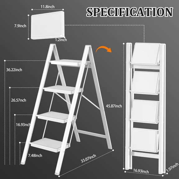 4 Step Folding Ladder with Anti-Slip Wide Pedals, Heavy Duty Steel Step Stool for Home Office Kitchen, 600lbs Capacity, White