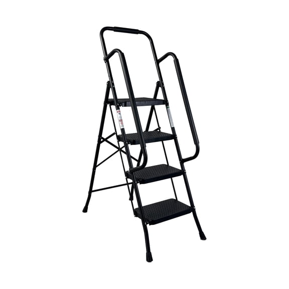 4-Step Folding Ladder with Handrail and Wide Anti-Slip Pedals, Sturdy Steel Step Stool for Home and Garage, Black