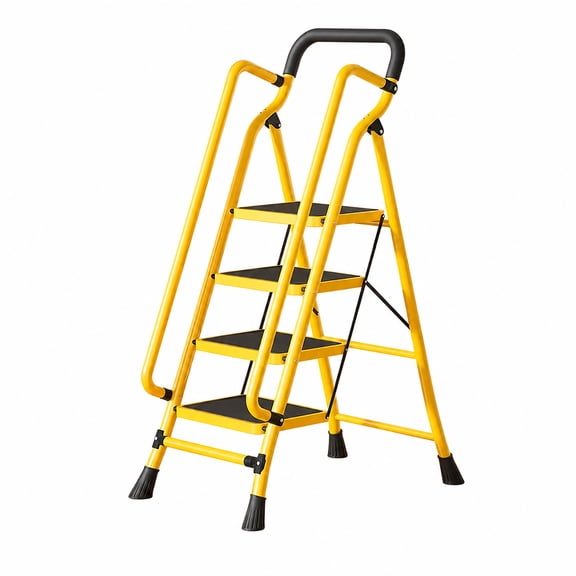 4-Step Folding Ladder with Handrails & Anti-Slip Wide Pedals, Sturdy Step Stool for Home Use,Yellow,4 Step