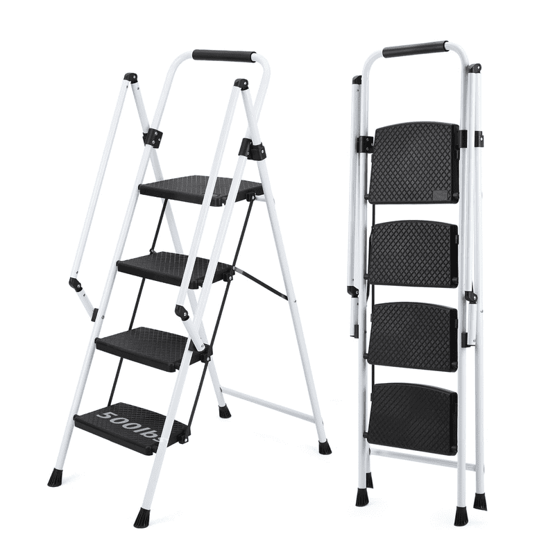 JIOABL 2 step ladder Non Slip Pedals Comfortable Handrails Portable Steel Ladder 800 lbs Capacity Ideal Kitchen Garage Outdoor Use Black