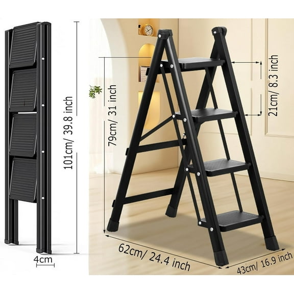 4 Step Folding Portable Step Ladder with Anti-Slip Wide Pedal Aluminum Stepladder Lightweight Step Stool for Office, Household, Library 300lbs - Black